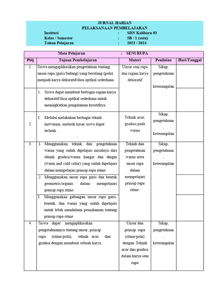 Jurnal Harian Pembelajaran Seni Rupa | PDF