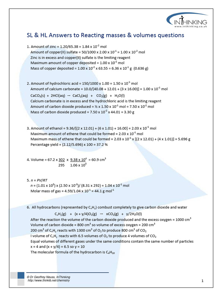 Ansers-To-Reacting-Masses - Volumes (Inthinking) | PDF | Teaching ...