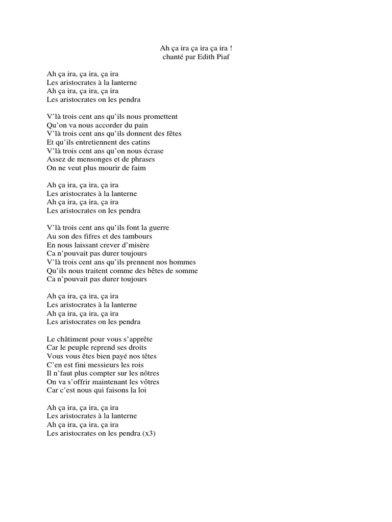 Ah Ca Ira Paroles Chantees Par Edith Piaf PDF