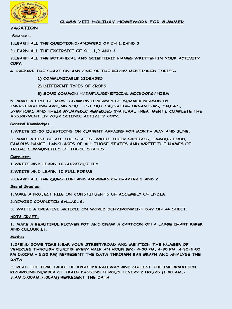 Class 8 Summer Vacation Homework | PDF