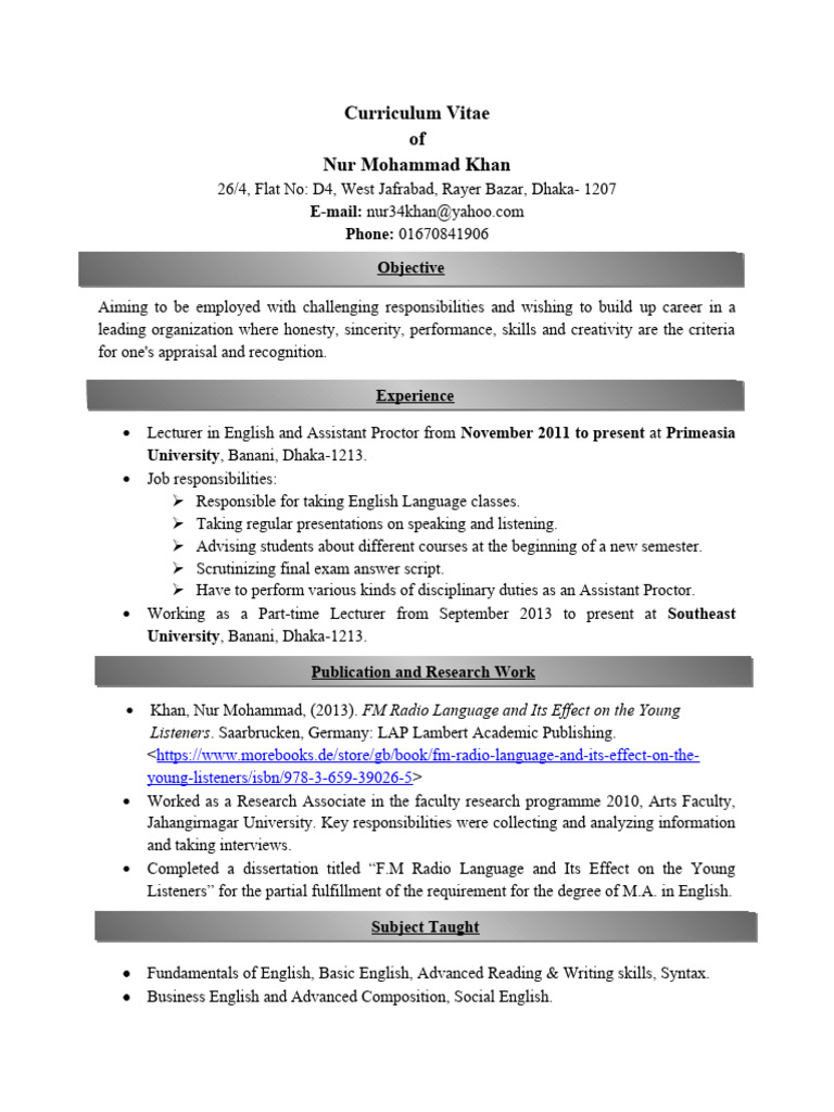 C.V of Nur Mohammad Khan | PDF | Master Of Arts | Fluency