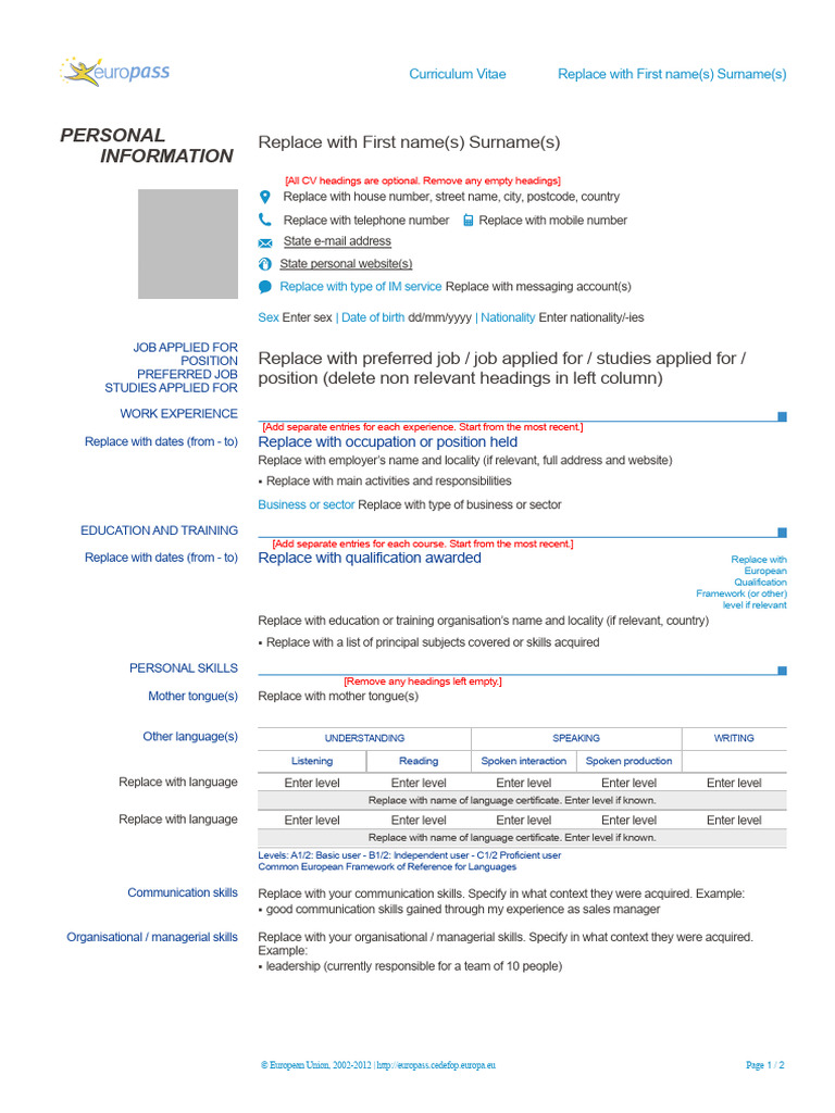 Europass cv template download free pdf human communication