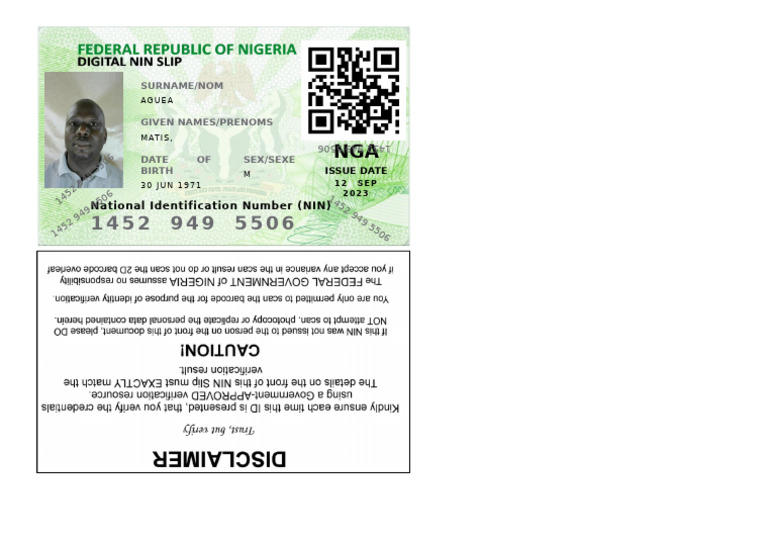 Nigeria NIN Slip Sample Document | PDF