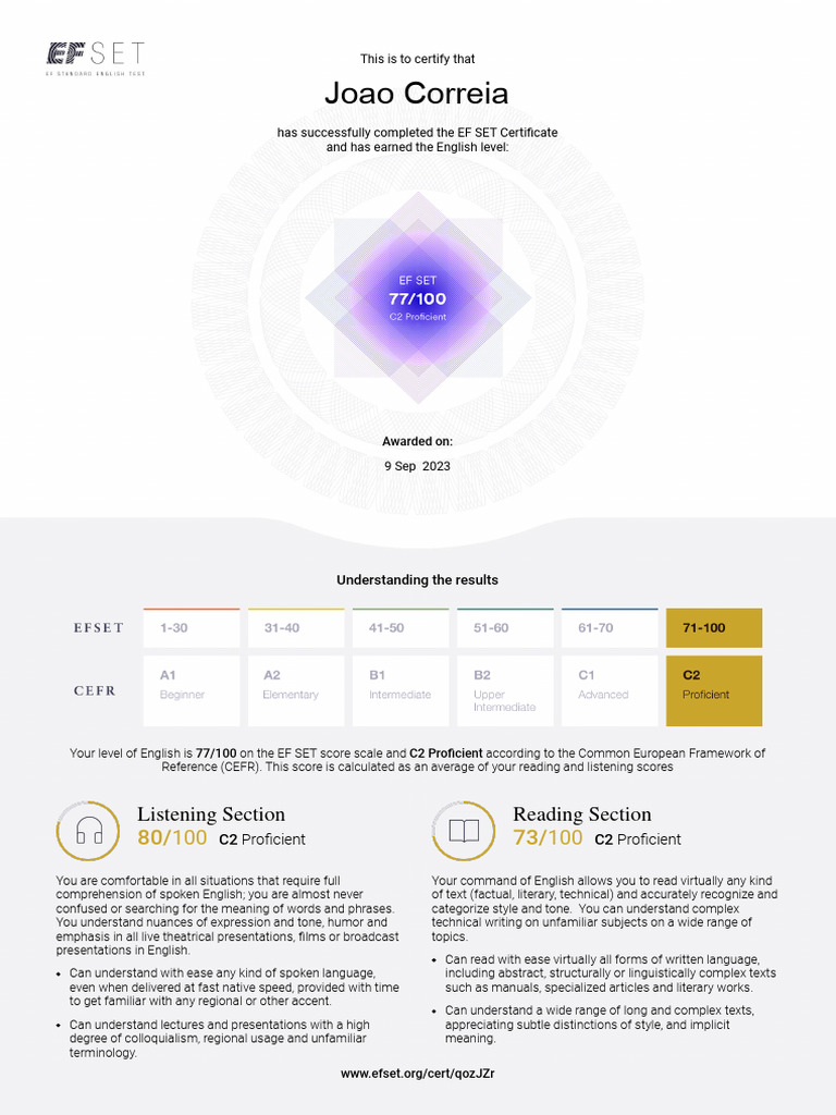 EF SET Certificate: C2 Proficient | PDF | English Language | Linguistics