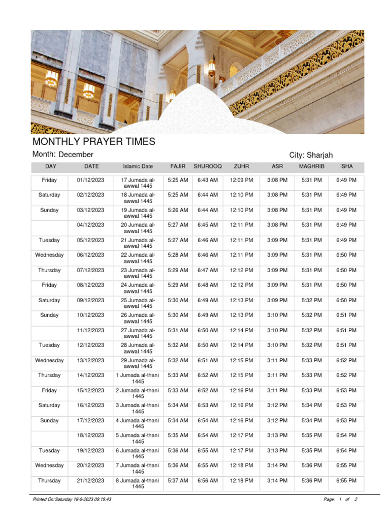 December 2023 Prayer Times Sharjah | PDF | Islamic Jurisprudence ...