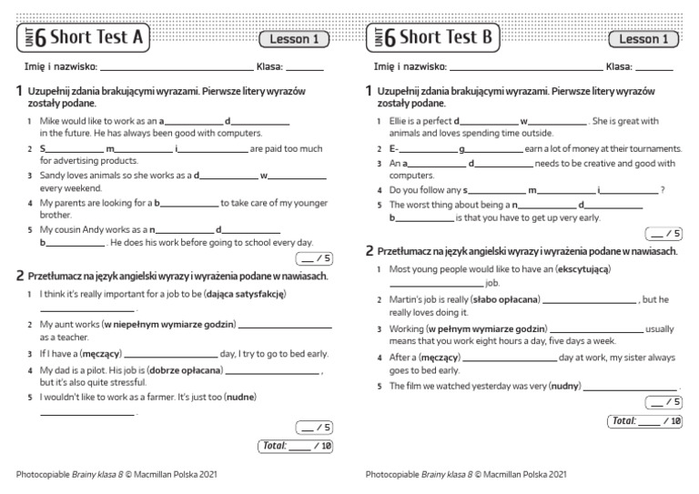 Brainy kl8 short tests unit 6 lesson 1 pdf