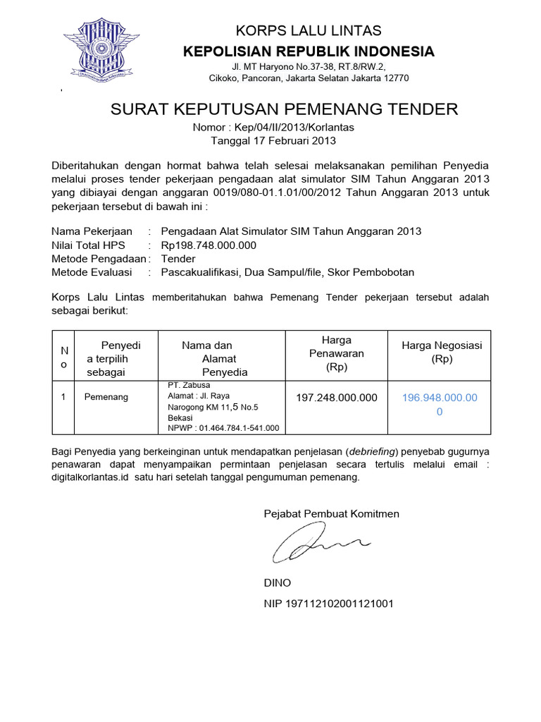 Surat Keputusan Pemenang Tender 1 | PDF