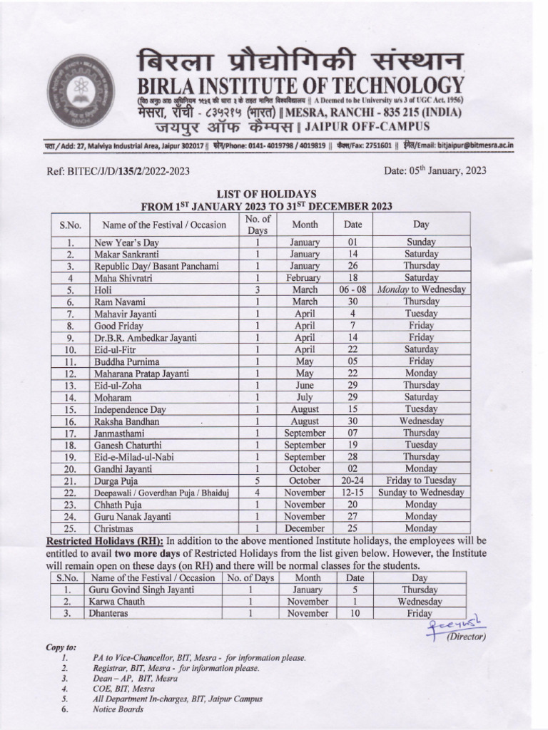 List of holidays 2023 pdf