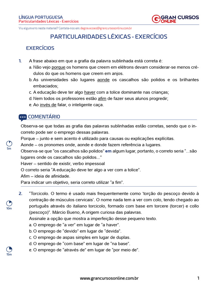 Exercícios sobre Particularidades Léxicas | PDF | Linguística