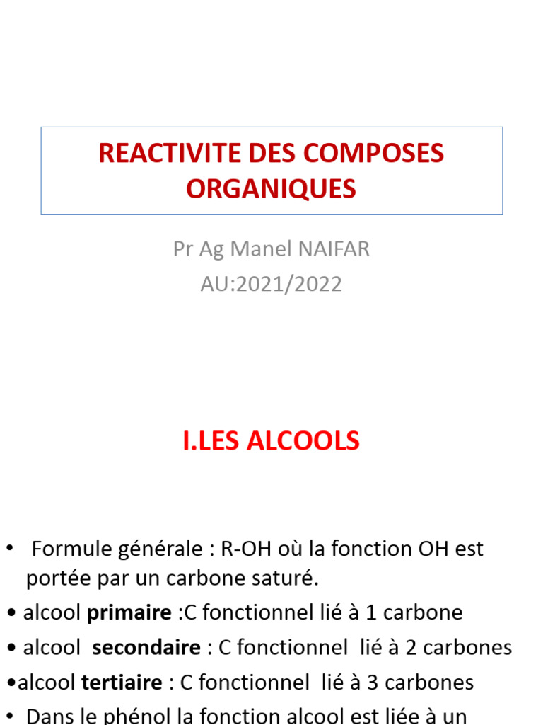 Réactivité des alcools et dérivés | PDF