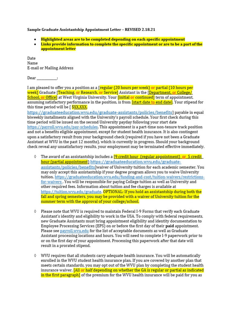 Sample Graduate Assistantship Appointment Letter (Edit 21821) PDF