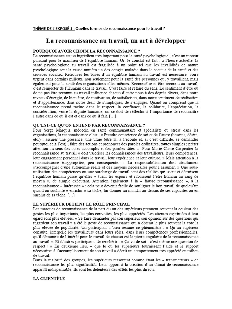 Reconnaissance au travail : enjeux et valeurs | PDF | Conscience | Business