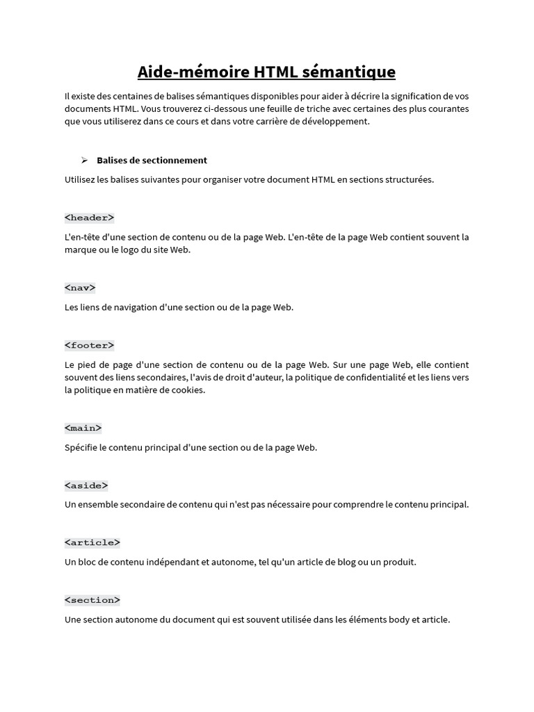 Aide-mémoire des balises HTML sémantiques | PDF | Langage de balisage ...