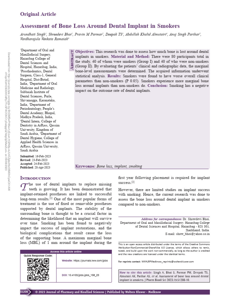 Bone Loss in Smokers with Dental Implants | PDF | Dental Implant ...