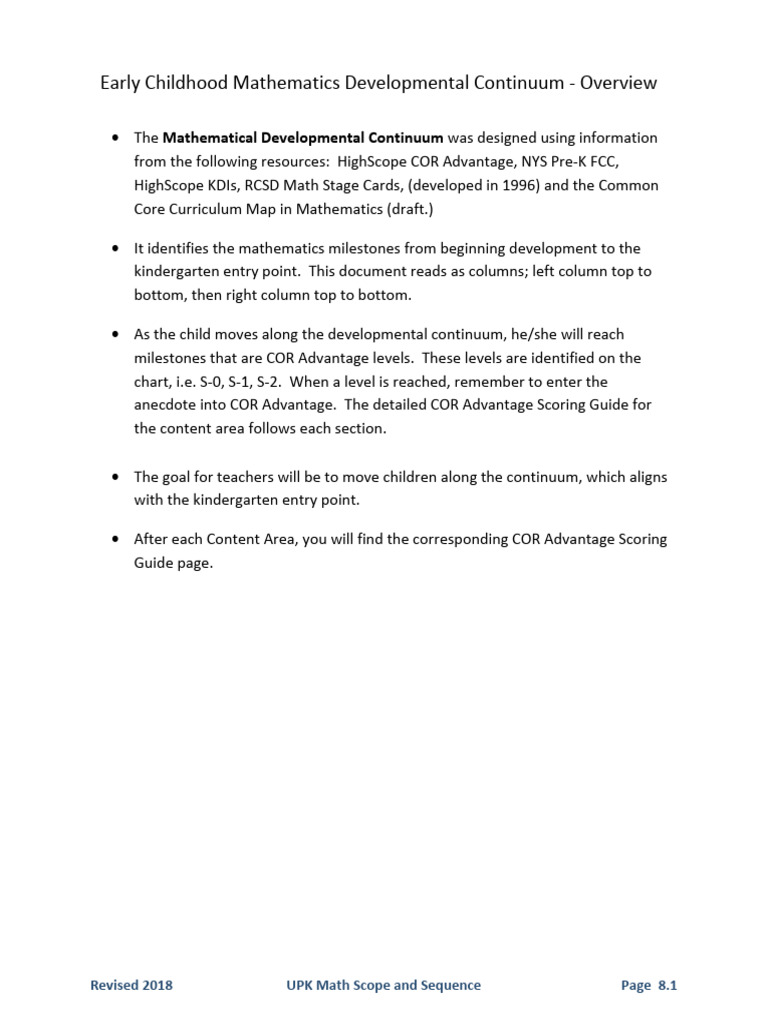 UPK Math Section 8 Early Childhood Math Developmental Continuum ...
