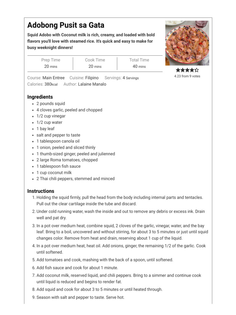 Adobong Pusit Sa Gata - Kawaling Pinoy | PDF | Cooking | Foods