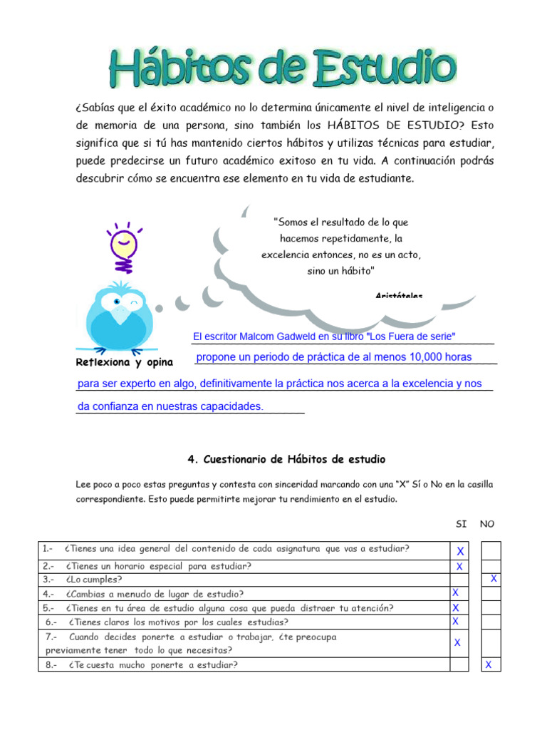 Cuestionario de Hábitos de Estudio | PDF | Artes del Lenguaje y ...