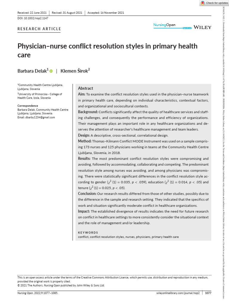 Nursing open 2021 delak physician nurse conflict resolution
