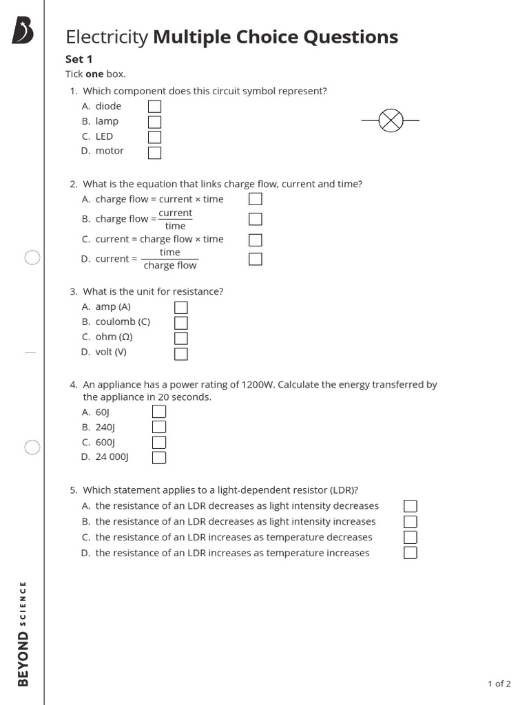 Elecricity Multiple Choice Questions Set 1 Pdf Electrical