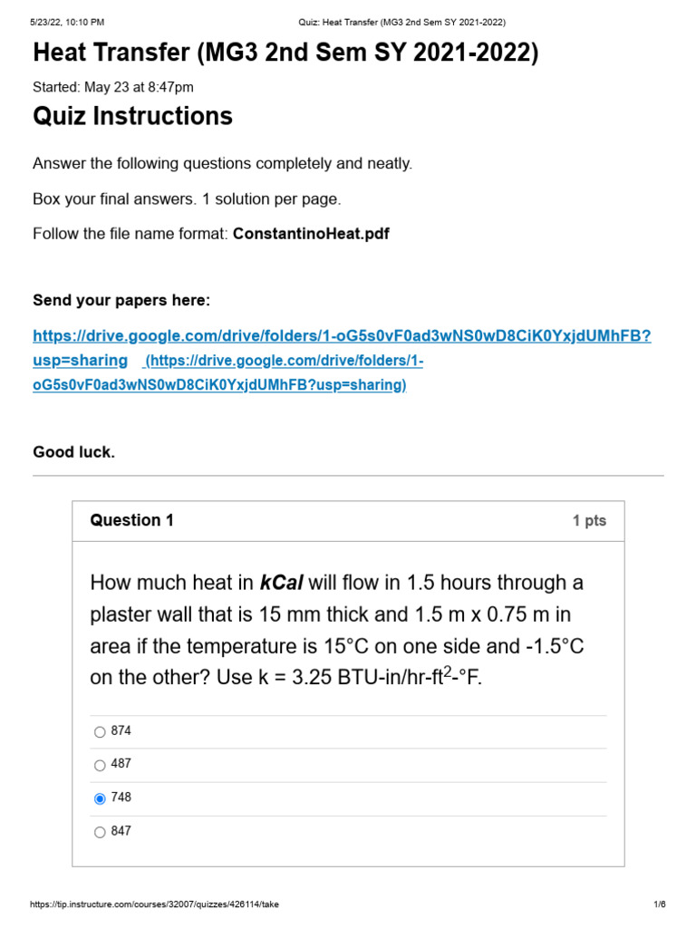 Quiz Heat Transfer (MG3 2nd Sem SY 20212022) PDF Heat Transfer