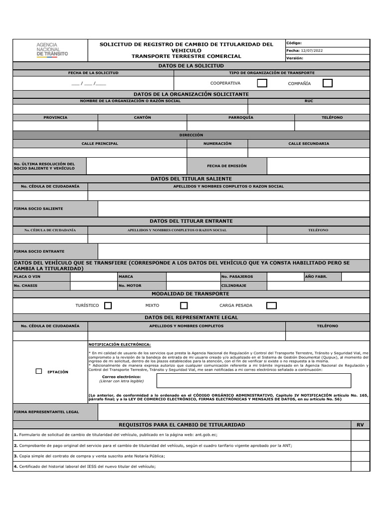 Formulario de Registro de Cambio de Titularidad Del Vehiculo | PDF