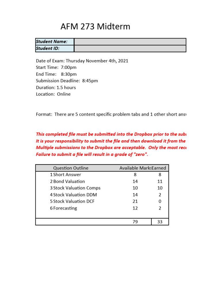 AFM 273 Midterm Exam Details | PDF | Errors And Residuals | Coefficient ...