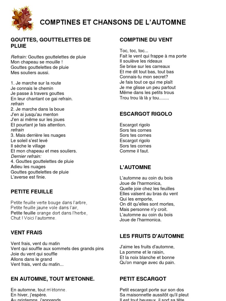 Chansons Et Comptines Pdf Pluie Automne