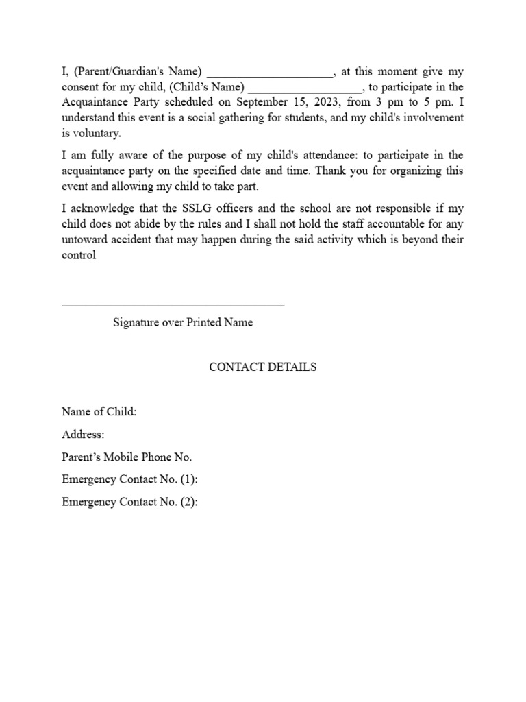 Parent Consent for Acquaintance Party | PDF | Career & Growth | Social ...