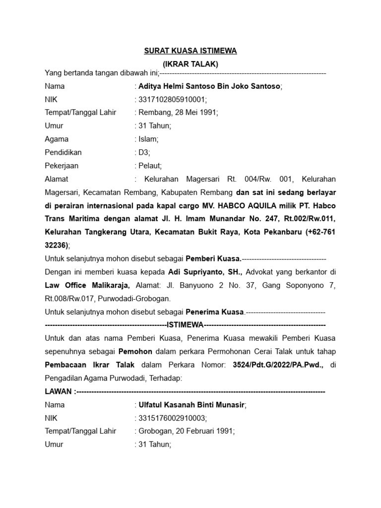 Surat Kuasa Istimewa Ikrar Talak | PDF