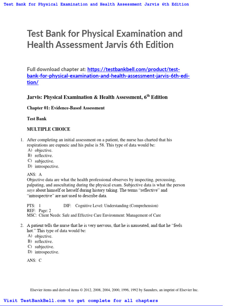 Test Bank For Physical Examination and Health Assessment Jarvis 6th