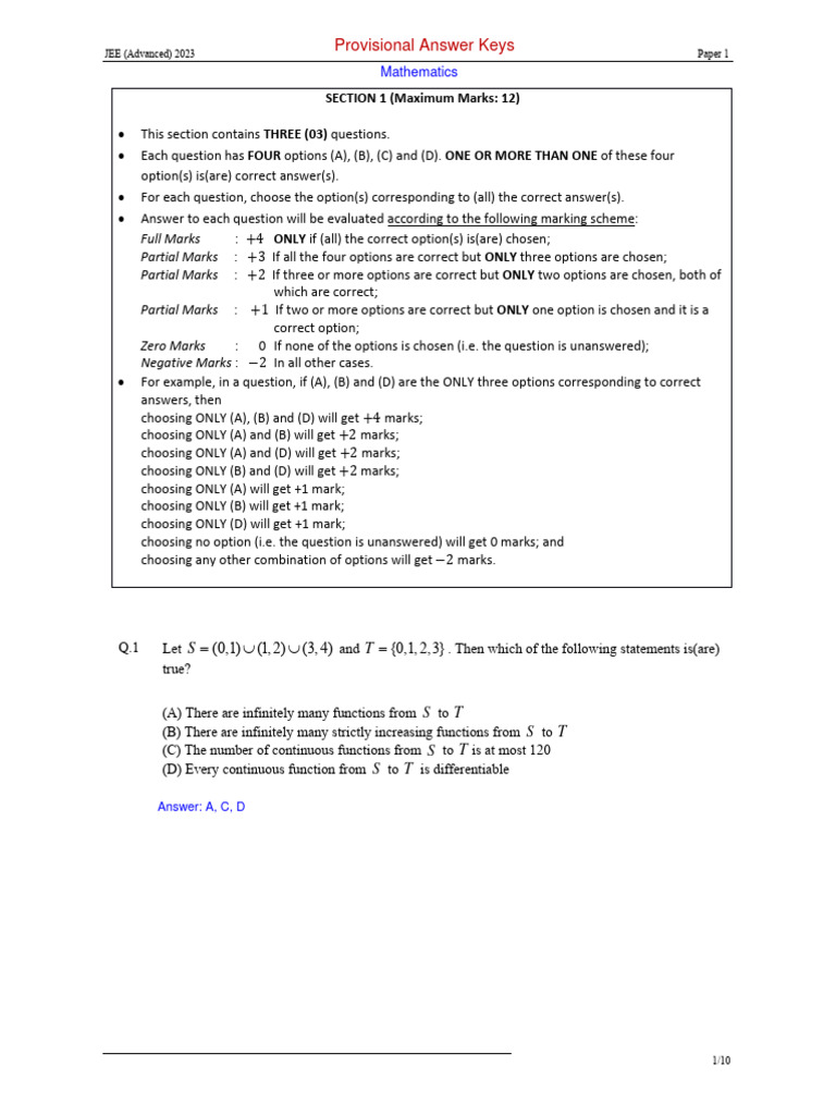 JEE Advanced 2023 Paper 1 Solutions | PDF | Complex Number | Equations