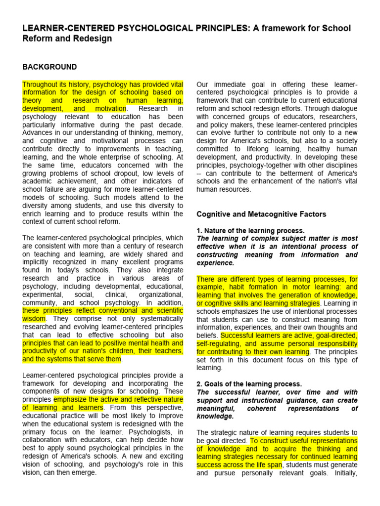 Learner-Centered Principles for School Reform | PDF | Learning ...