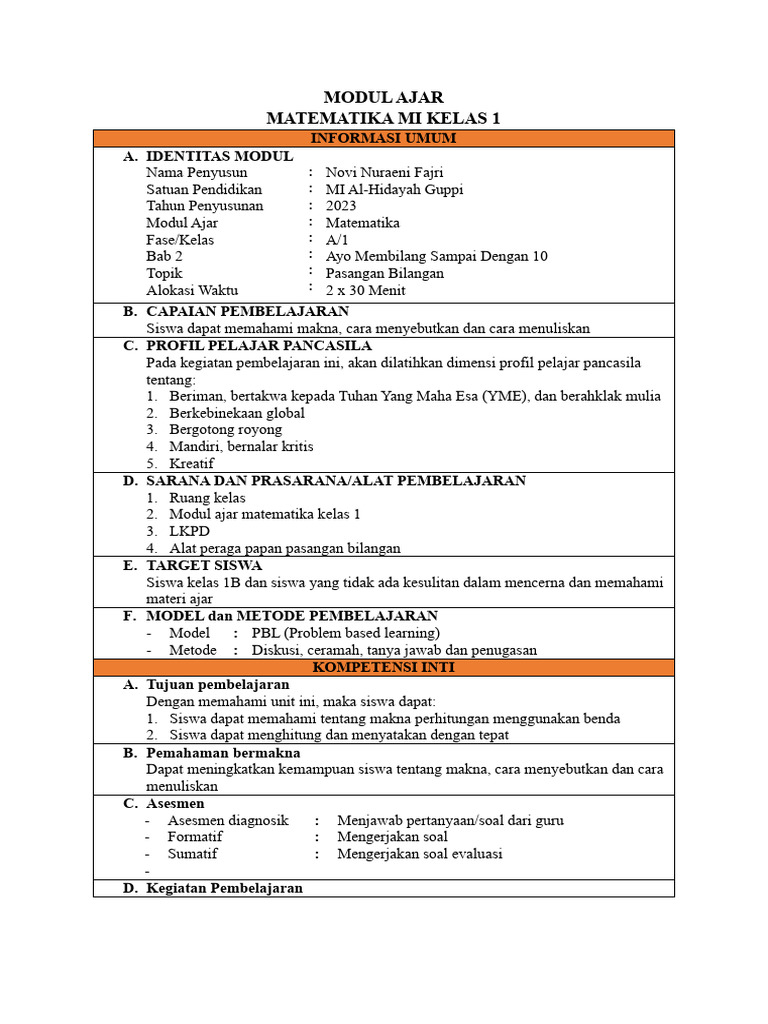 Modul Ajar Matematika Kelas 1 | PDF