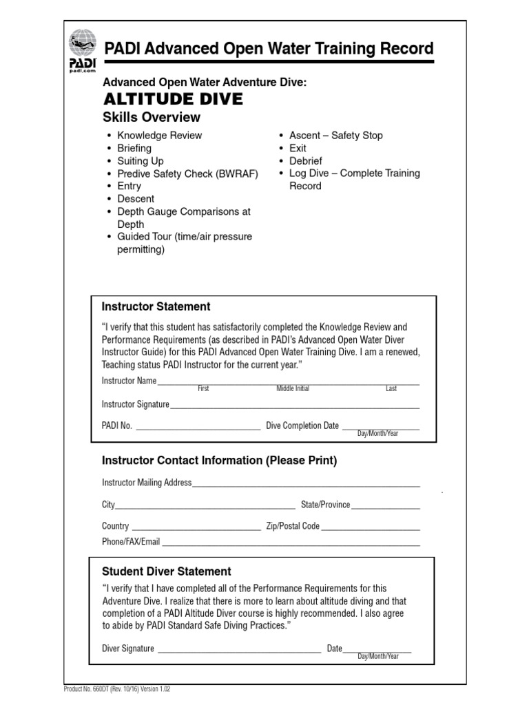 PADI Advanced Open Water Dive Record | PDF | Scuba Diving | Underwater ...