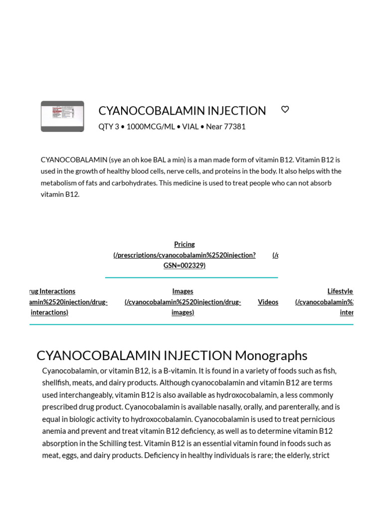 Cyanocobalamin Injection Clinical Pharmacology Drug Monograph PDF
