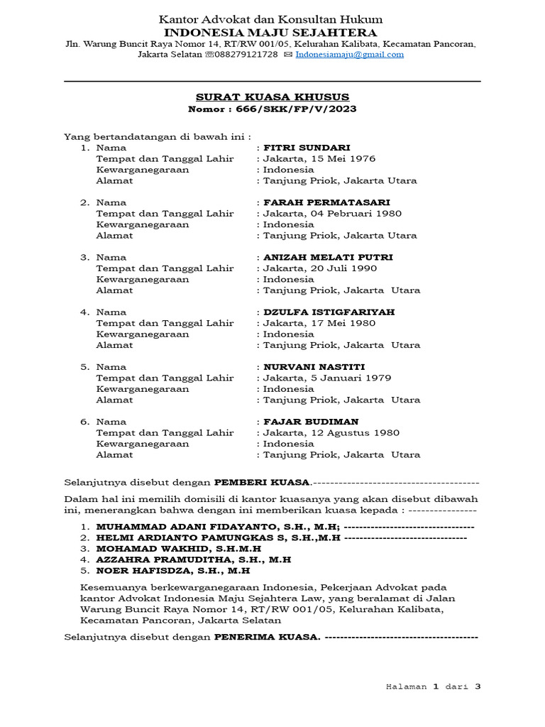 Surat Kuasa Khusus Pengujian Hukum | PDF