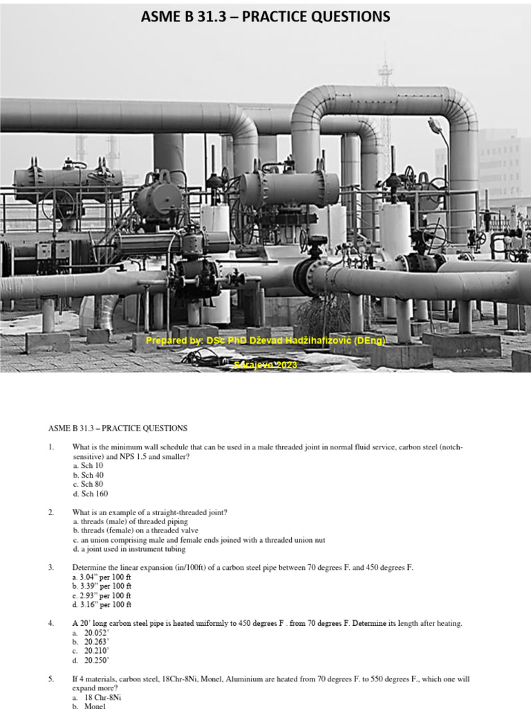 ASME B31.3 Practice Question PDF Pipe (Fluid Conveyance) Valve