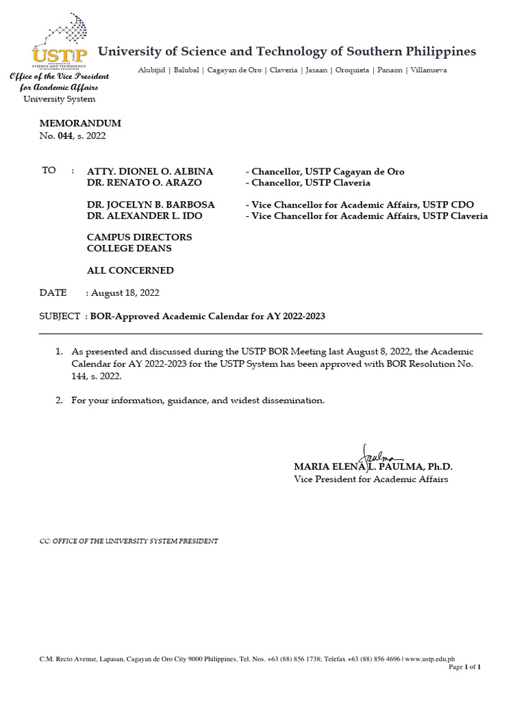 OVPAA Memo 044 S. 2022 Academic Calendar For AY 2022 2023 | PDF | Academic  Term | Undergraduate Education