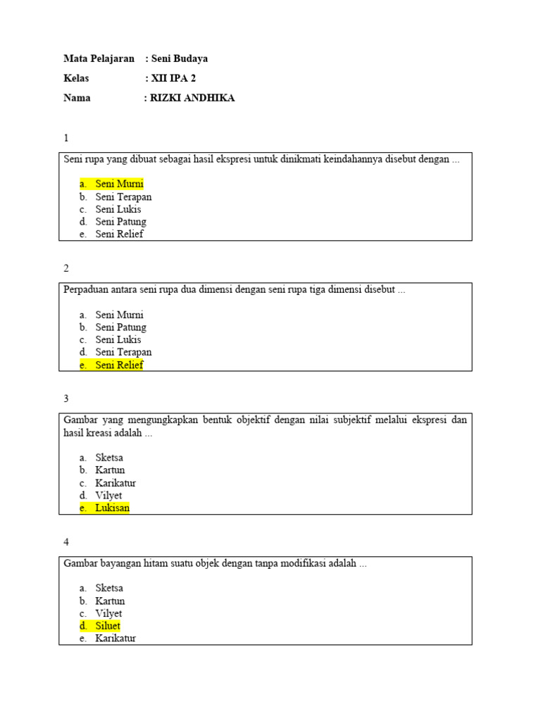 Kuis Seni Budaya Kelas XII IPA 2 | PDF