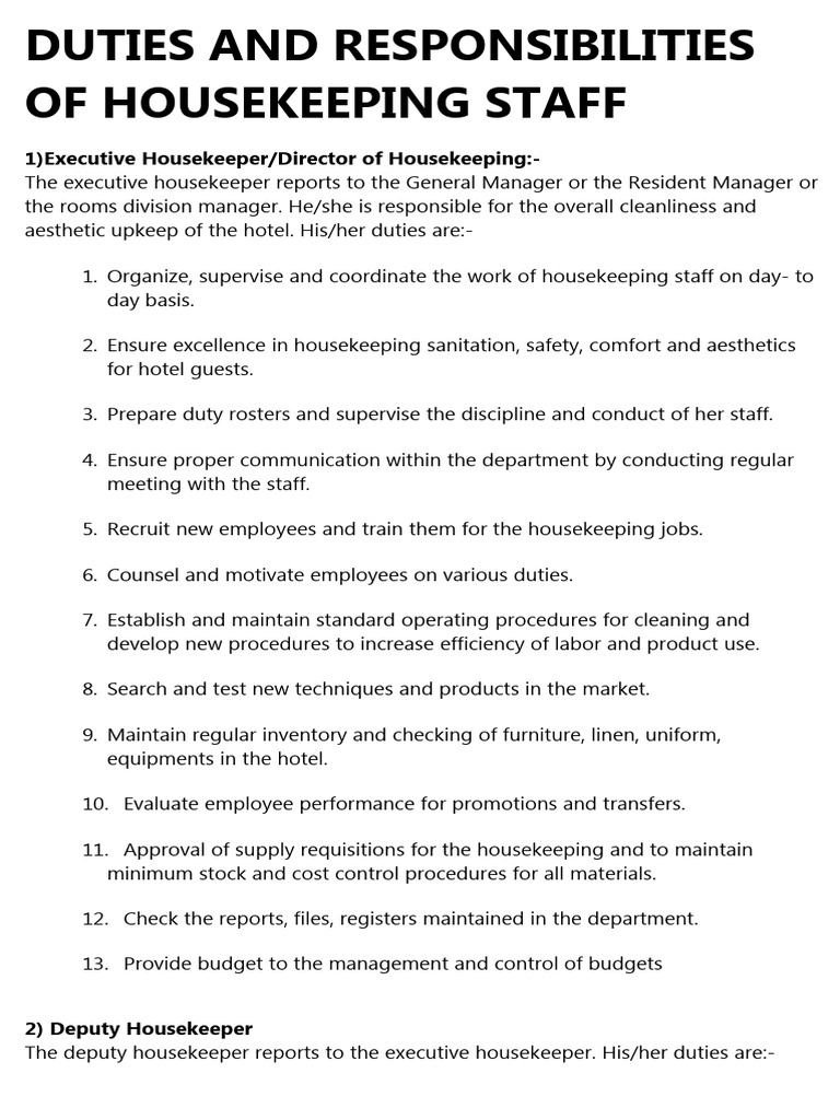 The Housekeeping Department Duties and Responsibilities of Housekeeping