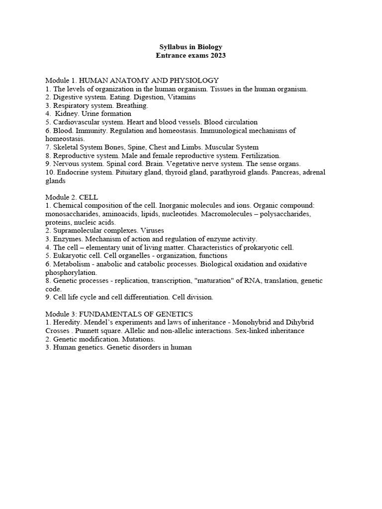 Syllabus in biologyand example questions entrance exam