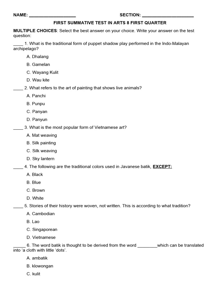 First Summative Test In Arts 8 First Quarter Pdf
