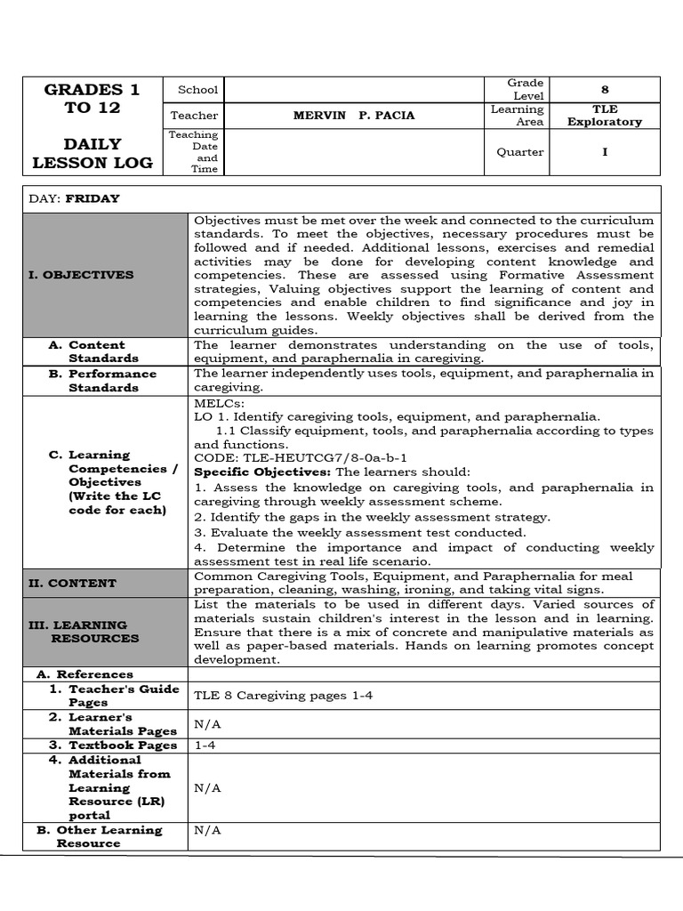 Grade 8 TLE Caregiving Lesson Plan | PDF | Educational Assessment ...