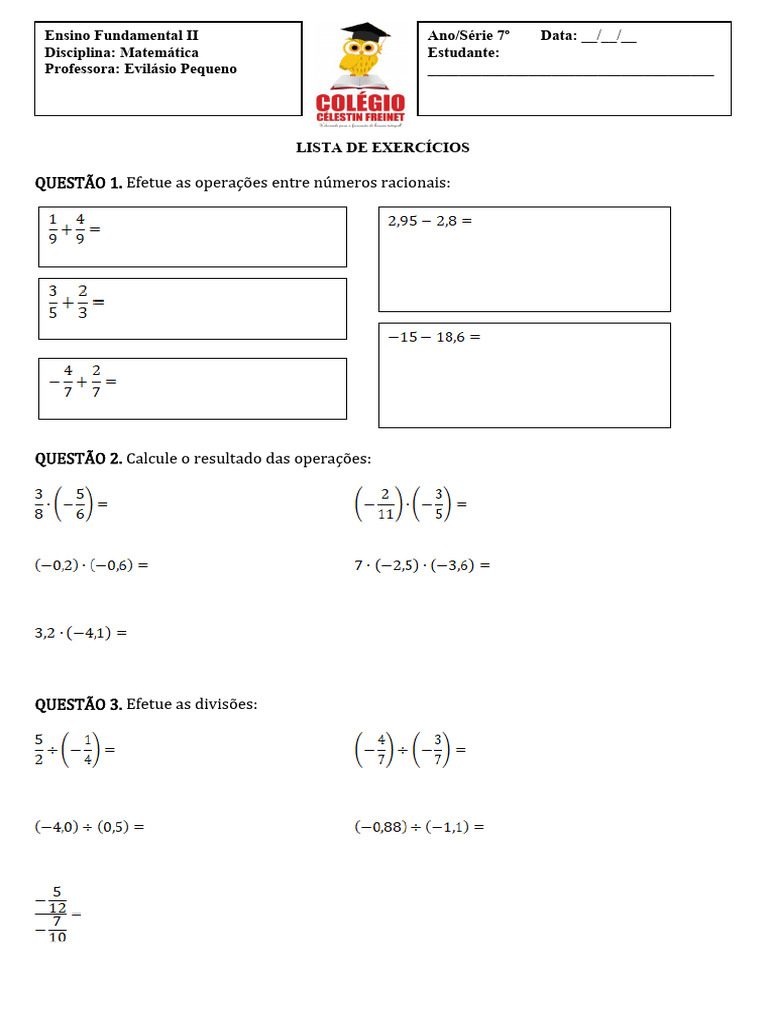 Lista de exercícios - 7º Ano - Operações com Racionais | PDF