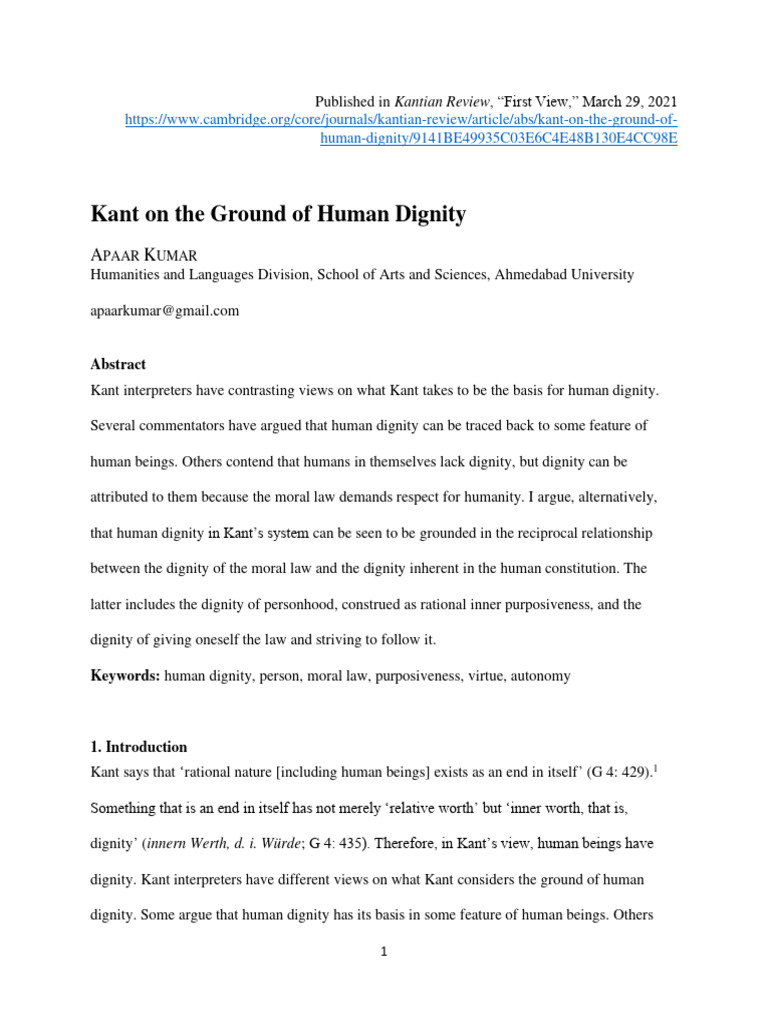 Kant On The Ground Of Human Dignity Kant Download Free Pdf Immanuel