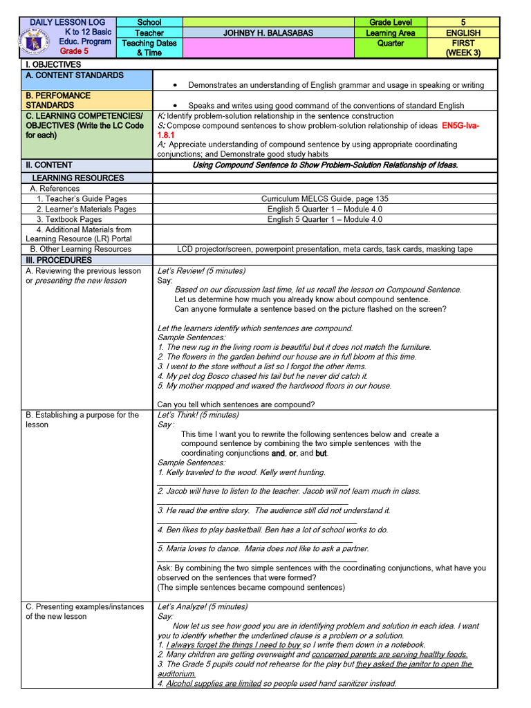 Grade 5 English: Compound Sentences | PDF | Sentence (Linguistics) |  Learning