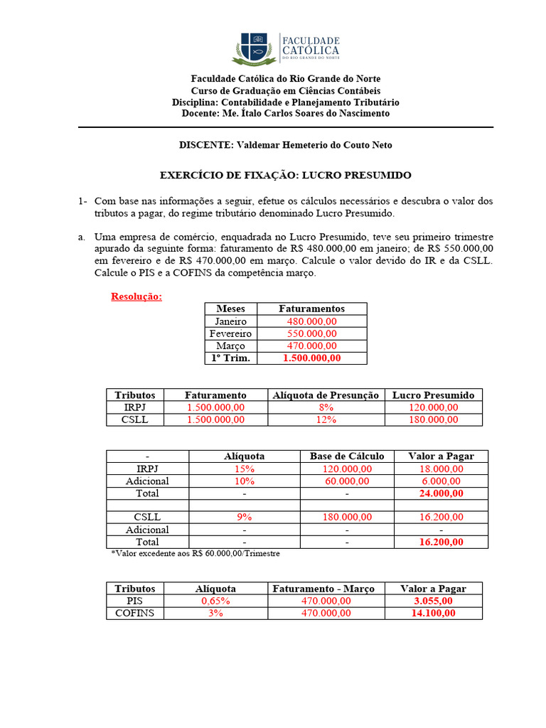 Cálculos de Impostos no Lucro Presumido | PDF | Imposto de Renda ...