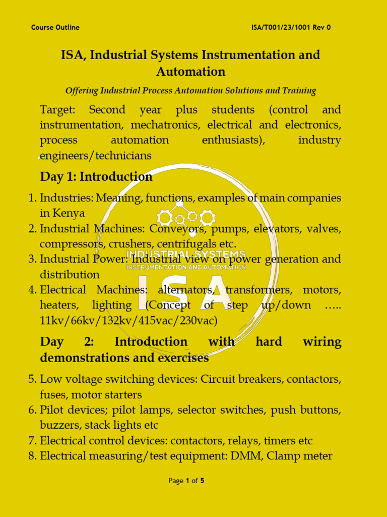 ISA Course Outline R3 PDF Programmable Logic Controller