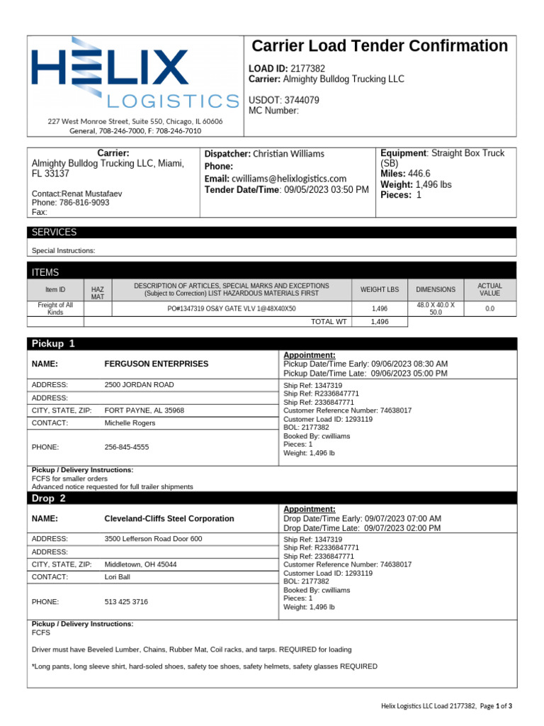 Load Tender Confirmation for Helix Logistics | PDF | Cargo | Invoice