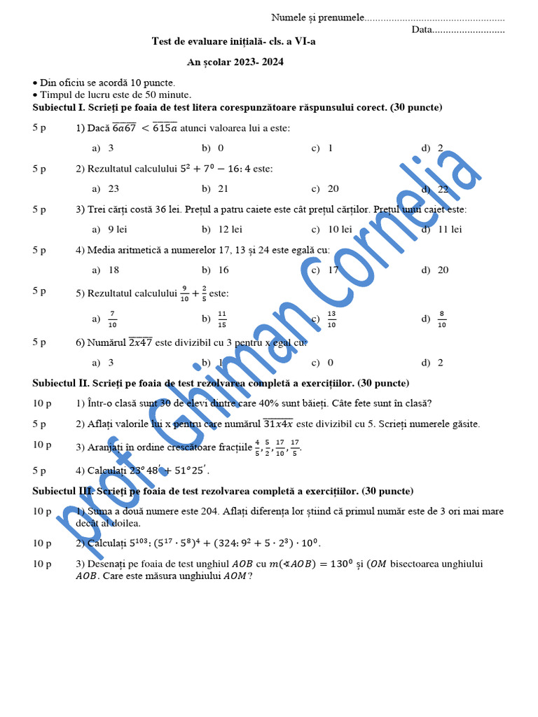 Test Initial Cls - VI 2023-2024 | PDF